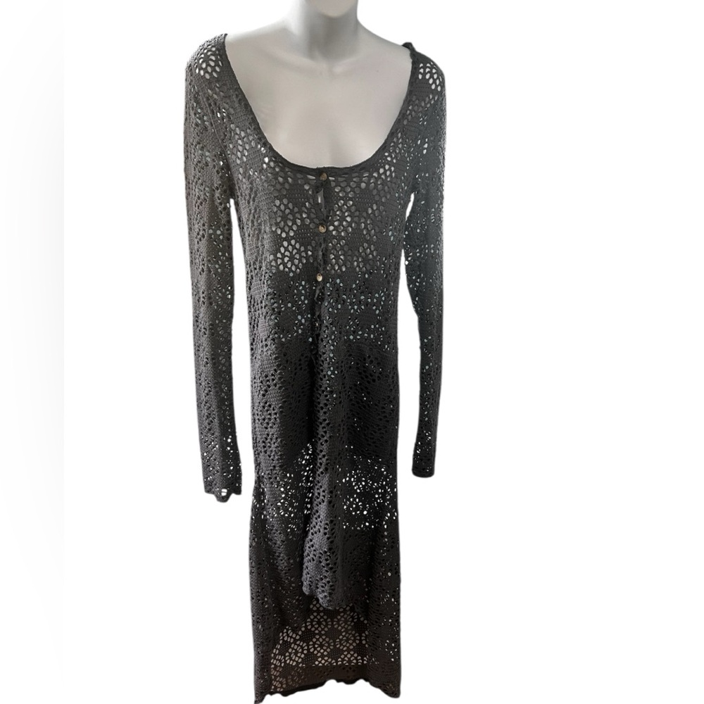 Boho Crochet High-Low Maxi Cardigan - Charcoal Grey size small